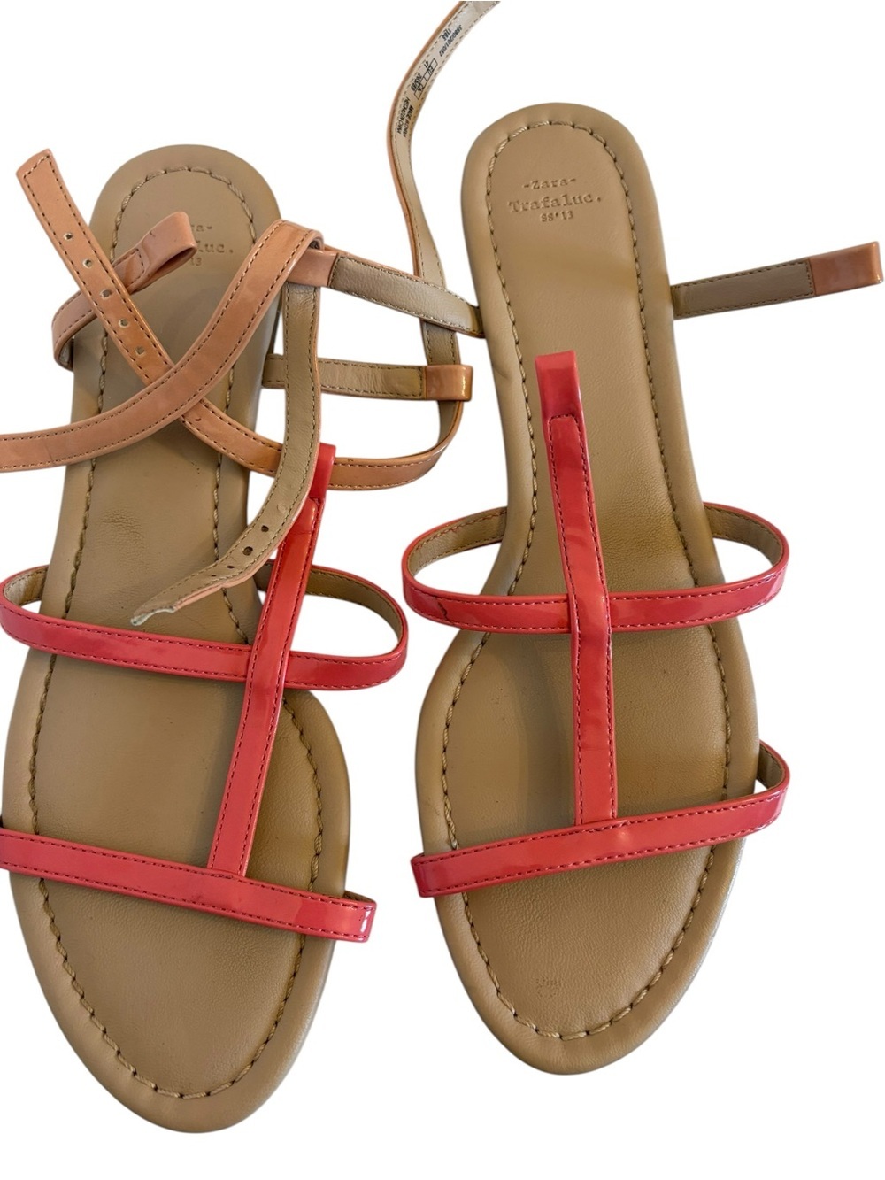 Zara Coral Red & Tan Strappy Flat Sandals - Picture 3 of 4